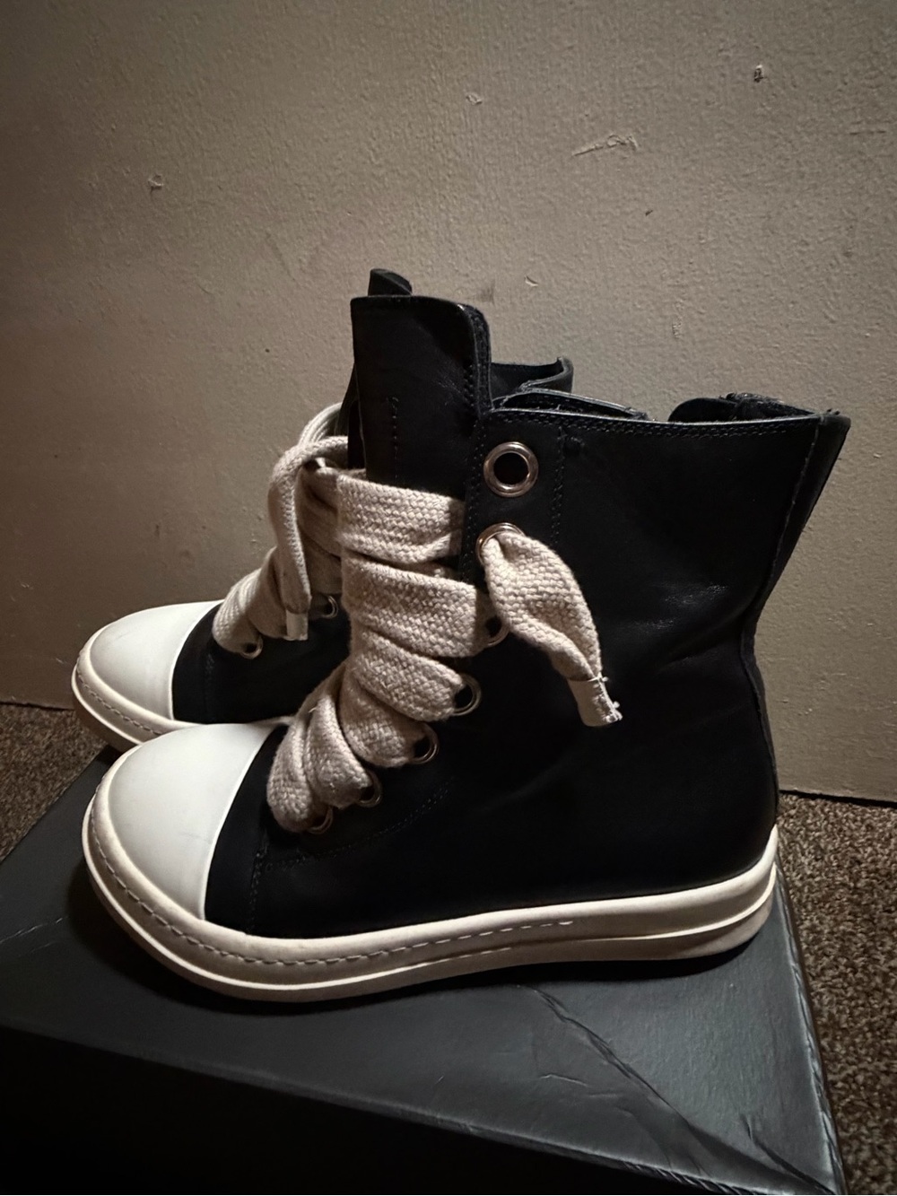 Rick Owens Black Leather High-Top Boots with Cream Laces